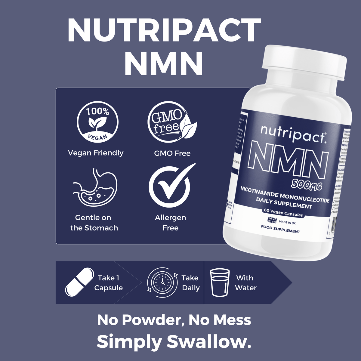 Nutripact NMN Capsules highlighting key product features on a blue background - Vegan Friendly, GMO Free, Gentle on the Stomach & Allergen Free