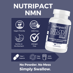 Nutripact NMN Capsules highlighting key product features on a blue background - Vegan Friendly, GMO Free, Gentle on the Stomach & Allergen Free