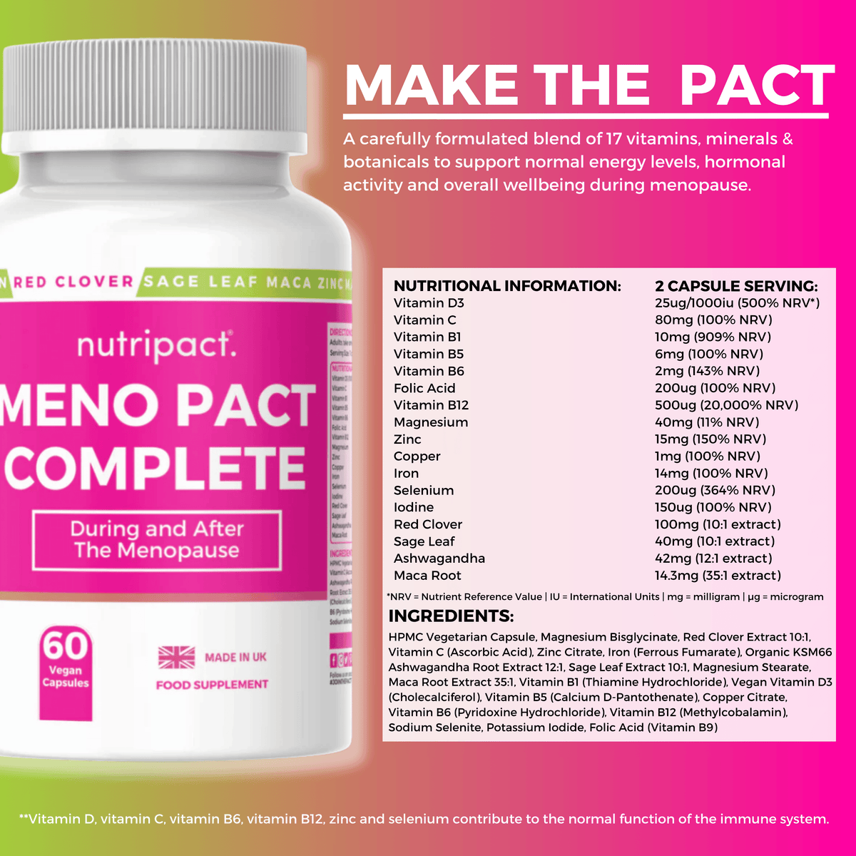 Nutripact Perimenopause & Menopause Capsules nutritional information label showing ingredients and serving size