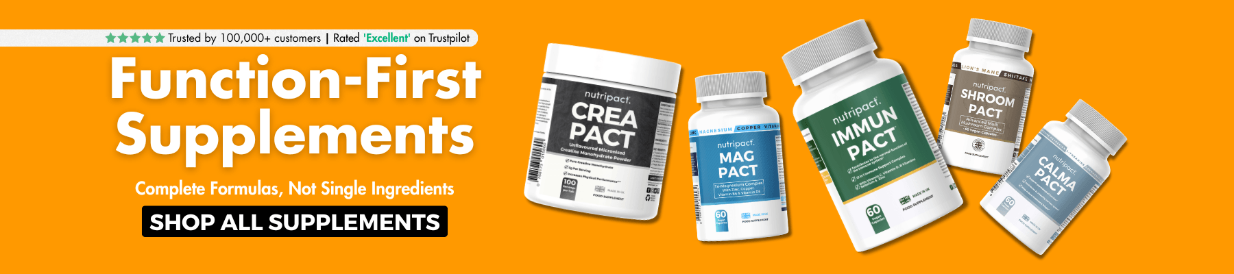Bright orange promotional banner for Nutripact supplements featuring the headline ‘Function-First Supplements’ and subheading ‘Complete Formulas, Not Single Ingredients.’ A call-to-action button reads ‘Shop All Supplements.’ Five product containers are displayed on the right, including Crea Pact, Mag Pact, Immun Pact, Shroom Pact, and Calma Pact. A trust badge at the top states ‘Trusted by 100,000+ customers | Rated “Excellent” on Trustpilot.
