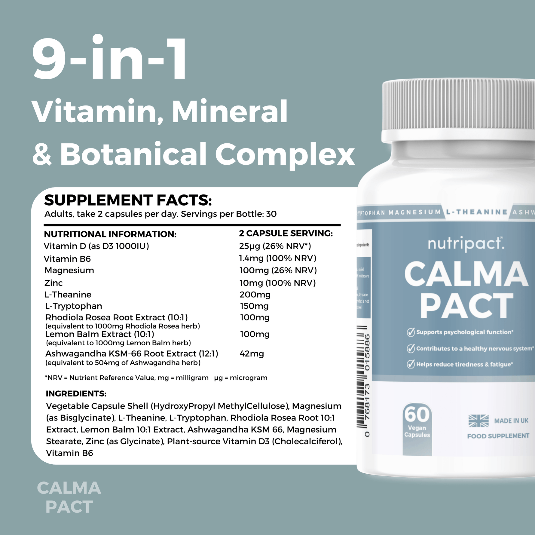Nutripact Relaxation & Stress Support Capsules nutritional information label showing ingredients and serving size