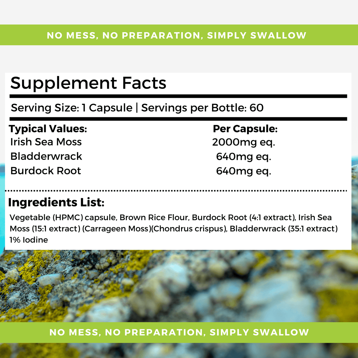 Nutripact Sea Moss Complex Capsules nutritional information label showing ingredients and serving size