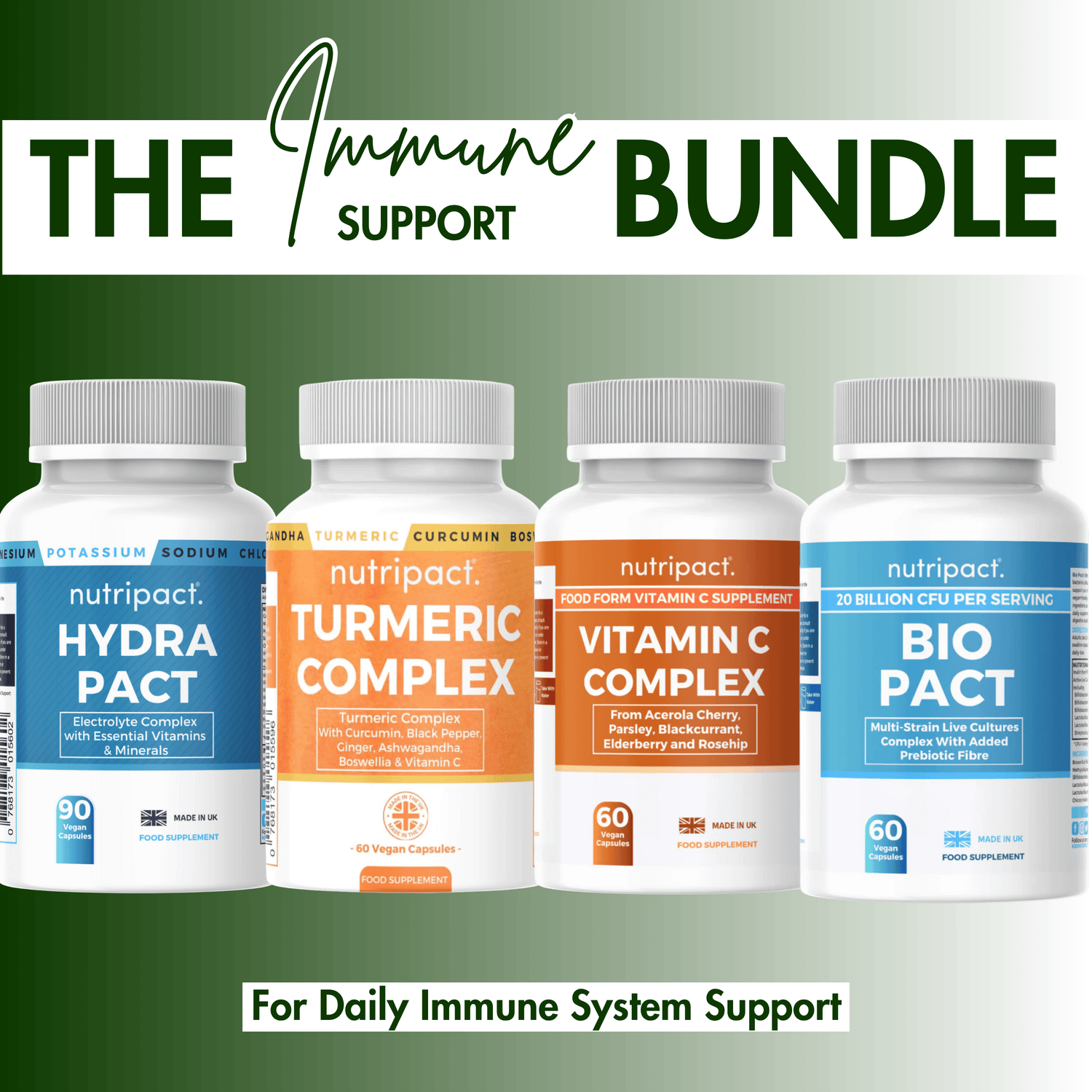Nutripact The Immune Support Bundle – Natural Supplements for Immune support. Includes Nutripact Electrolyte Complex Capsules, Turmeric Complex Capsules, Vitamin C Complex Capsules & Probiotic Complex Capsules