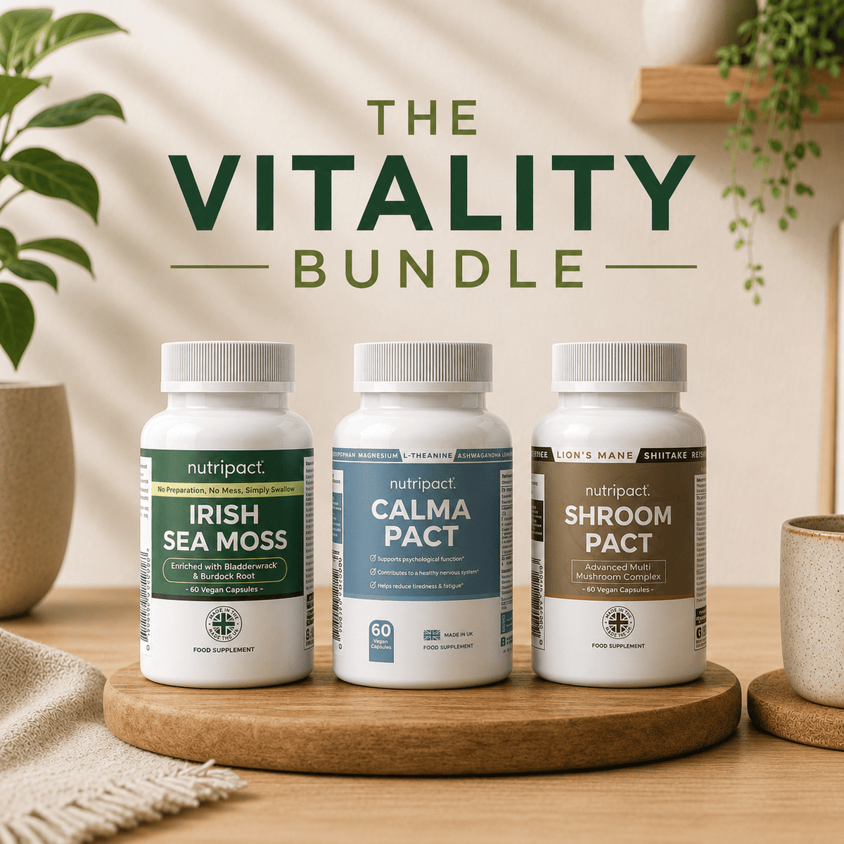 Nutripact The Vitality Bundle – Natural Supplements for Vitality, Immune, Energy & Relaxation support. Includes Nutripact Sea Moss Complex Capsules, Relaxation & Stress Support Capsules & Mushroom Complex Capsules