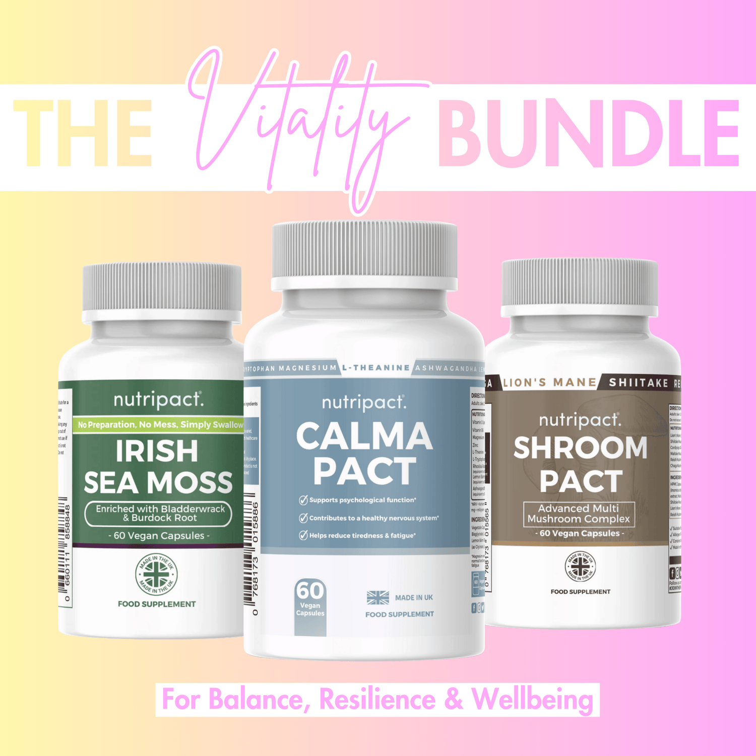 Nutripact The Vitality Bundle – Natural Supplements for Vitality, Immune, Energy & Relaxation support. Includes Nutripact Sea Moss Complex Capsules, Relaxation & Stress Support Capsules & Mushroom Complex Capsules
