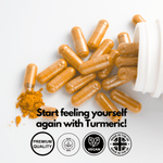 Nutripact Turmeric Complex Capsules  on a white background with product attributes - Premium Quaility, Non GMO, Vegan, Made In The UK