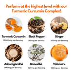 Nutripact Turmeric Complex Capsules key ingredients: Turmeric Curcumin, Black Pepper, Ginger, Ashwagandha, Boswelia & Vitamin C