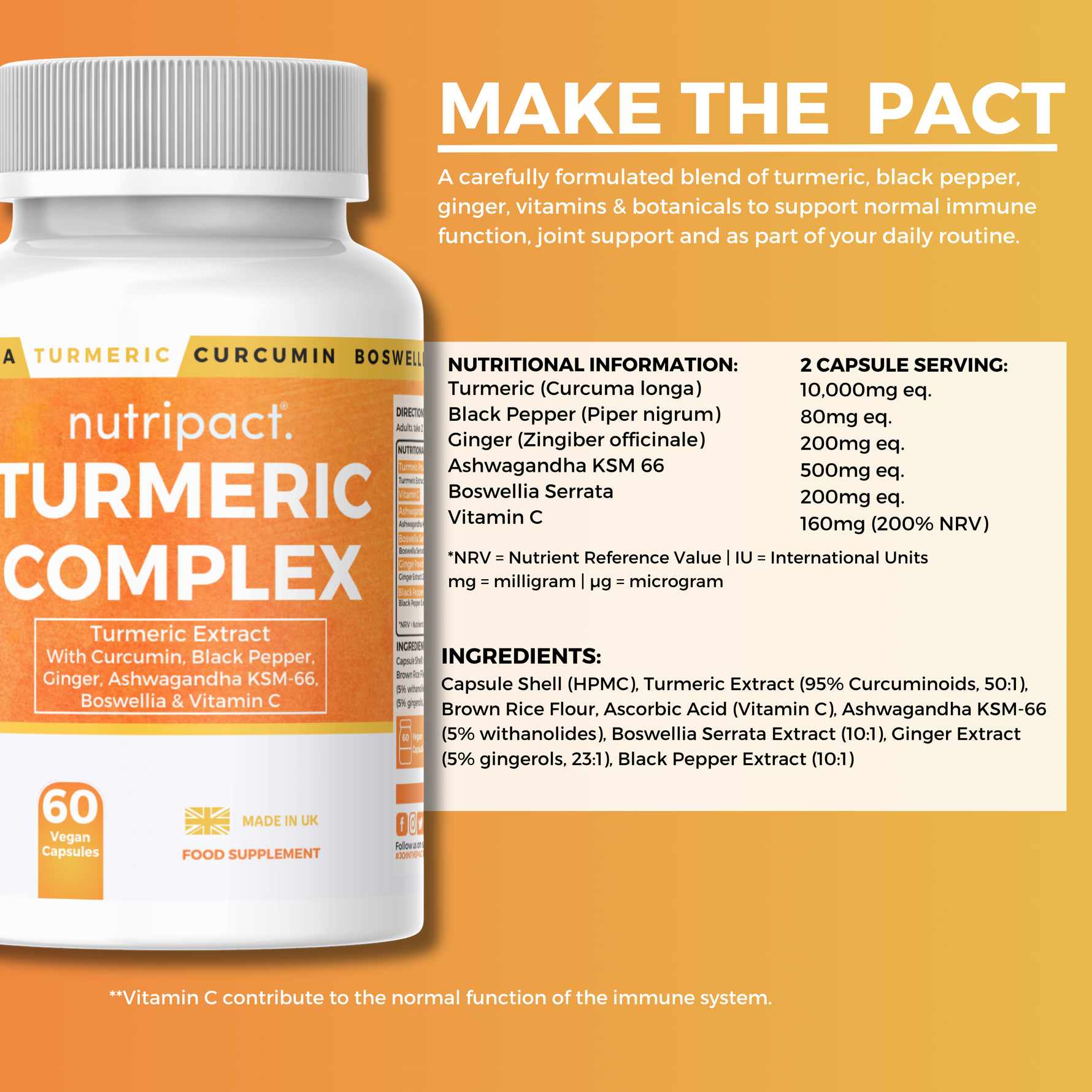 Nutripact Turmeric Complex Capsules nutritional information label showing ingredients and serving size