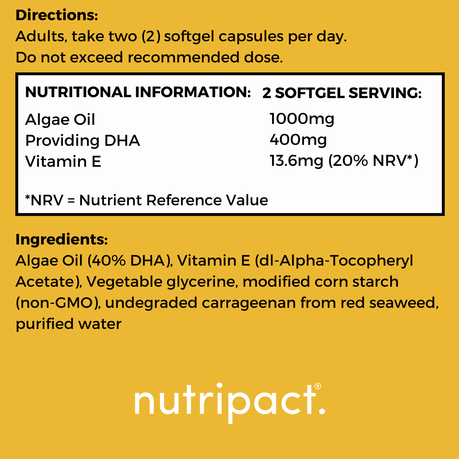 Nutripact Vegan Omega 3 supplement nutritional information label showing ingredients and serving size