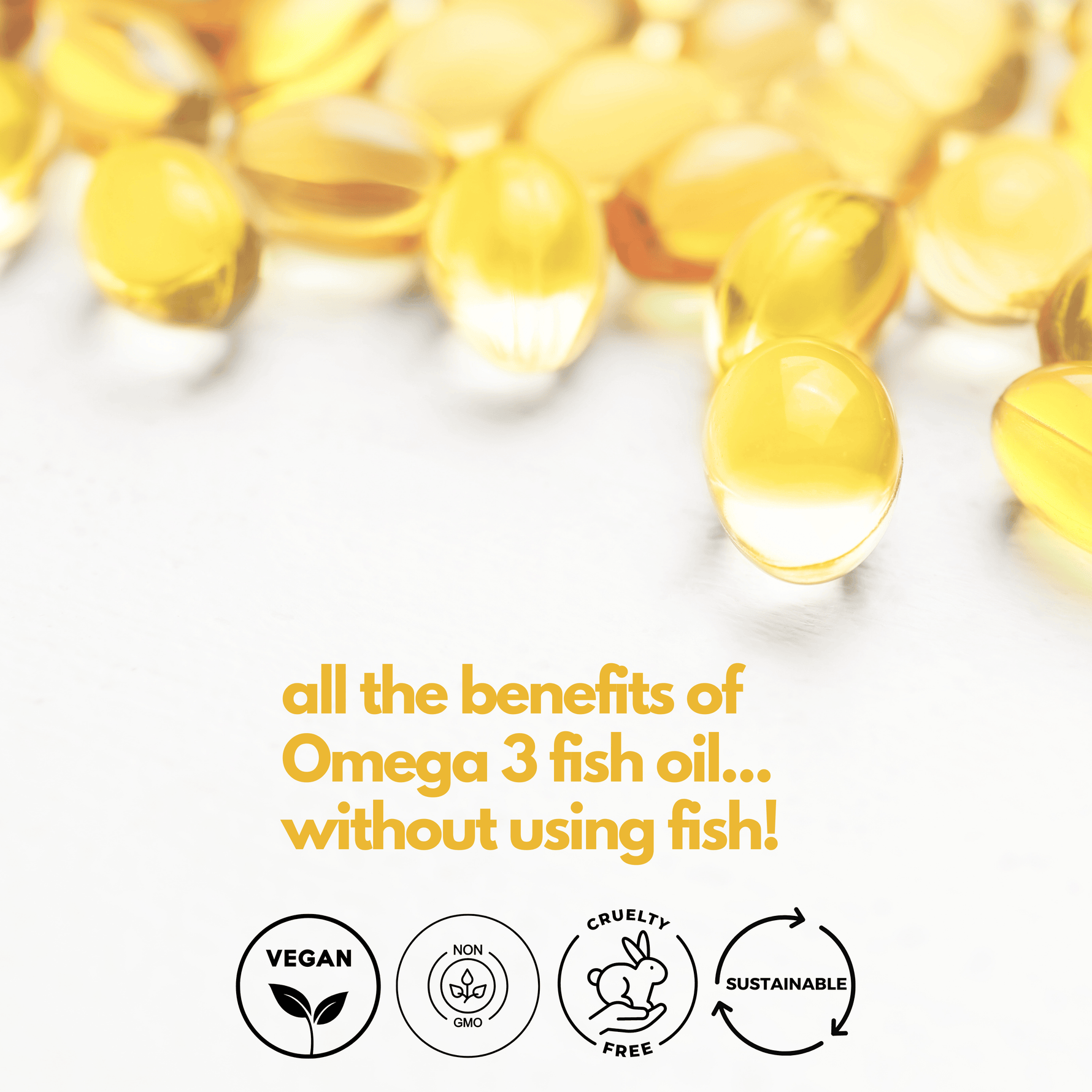 Nutripact Vegan Omega 3 supplement on a white background with product attributes - Premium Quaility, Non GMO, Cruelty Free, Sustainable