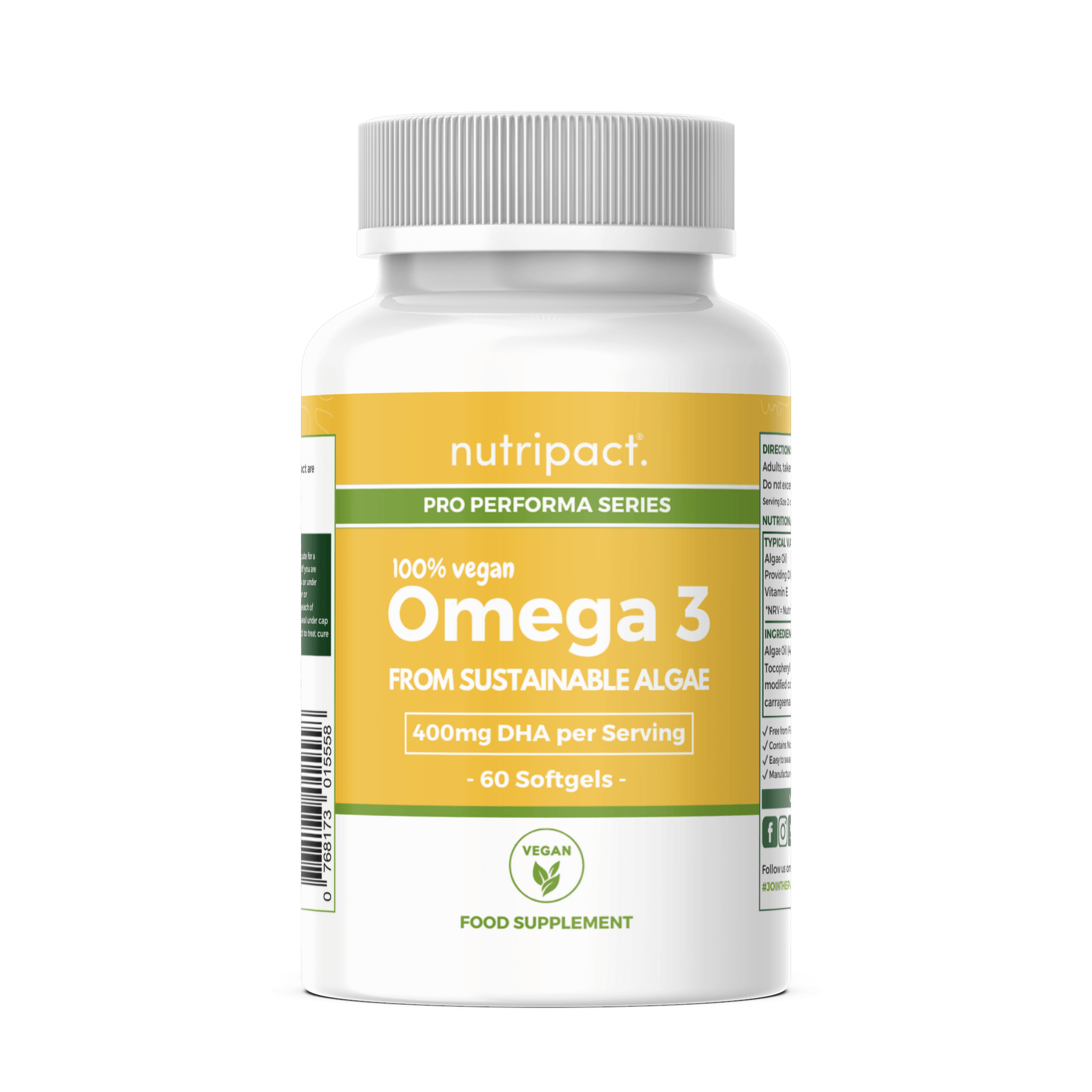 Nutripact Vegan Omega 3 supplement bottle on a white background