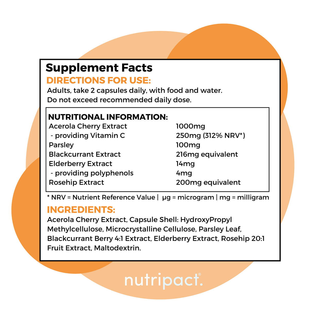 Nutripact Vitamin C Complex Capsules nutritional information label showing ingredients and serving size
