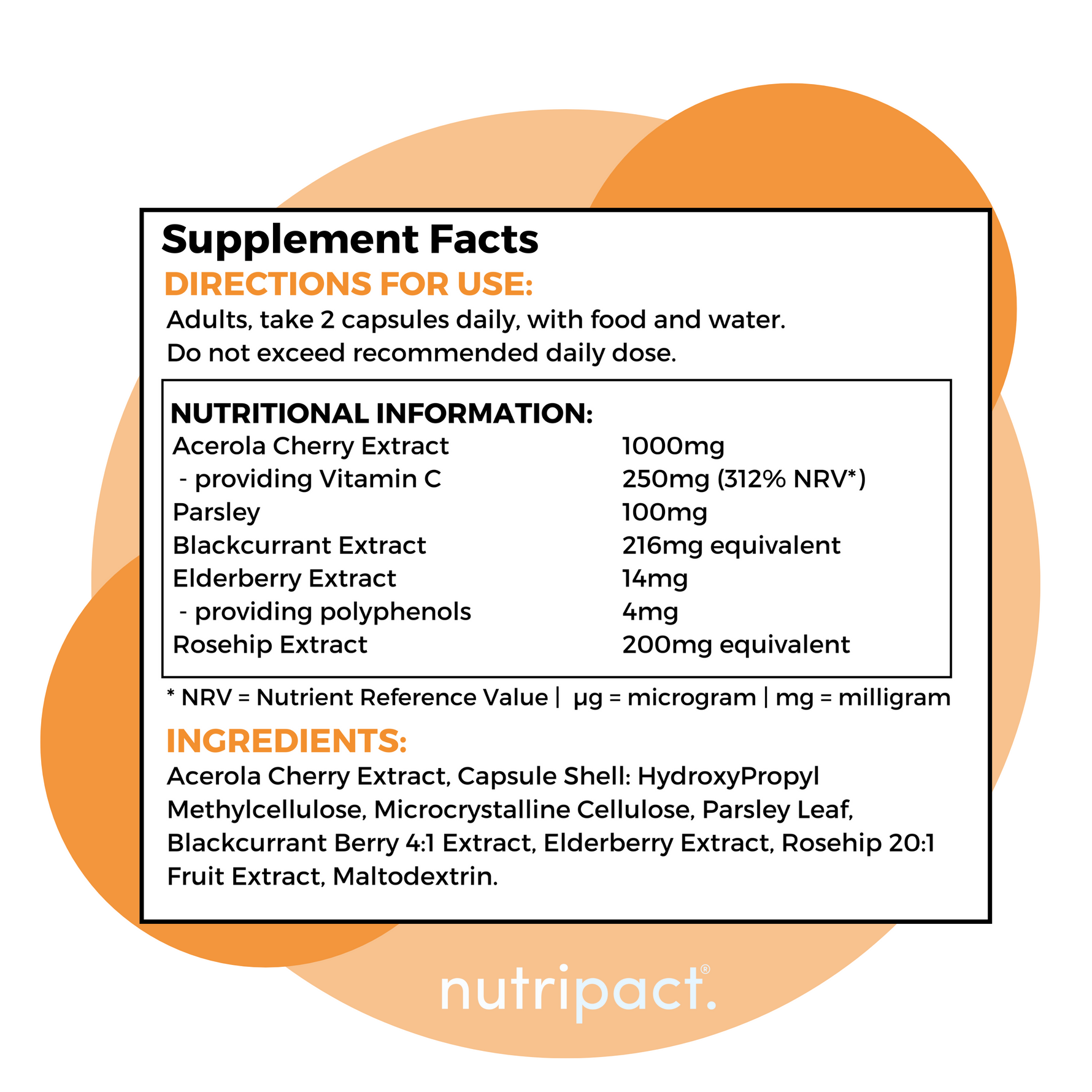 Nutripact Vitamin C Complex Capsules nutritional information label showing ingredients and serving size
