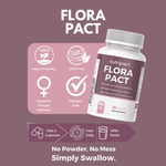 Nutripact Women's Flora Probiotic Capsules highlighting key product features on a purple background - Vegan Friendly, GMO Free, Supports Female Wellness & Allergen Free
