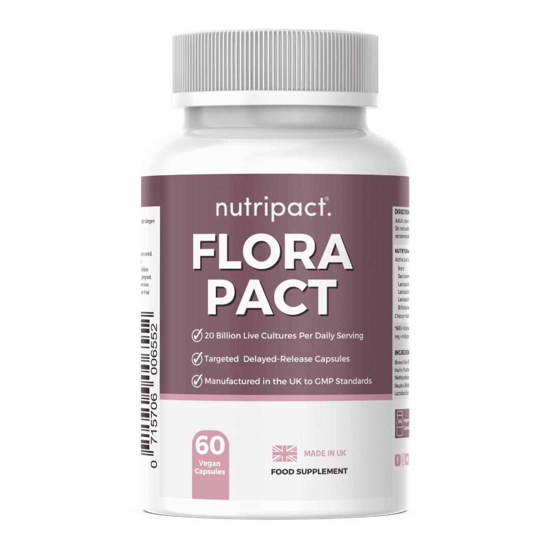 Nutripact Women's Flora Probiotic Capsules supplement bottle on a white background