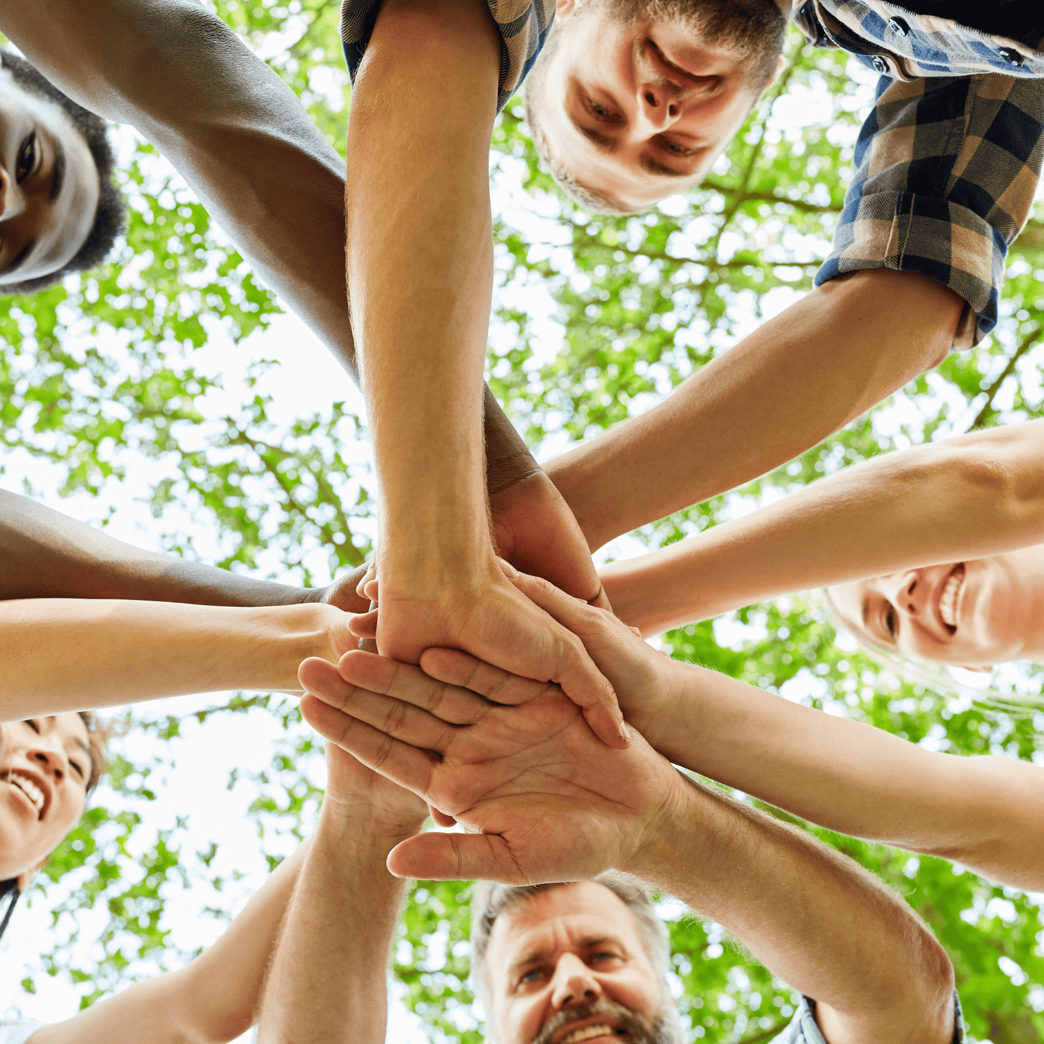 Group of diverse people standing in a circle outdoors with hands stacked together in the center, symbolising teamwork and unity against a background of green trees.