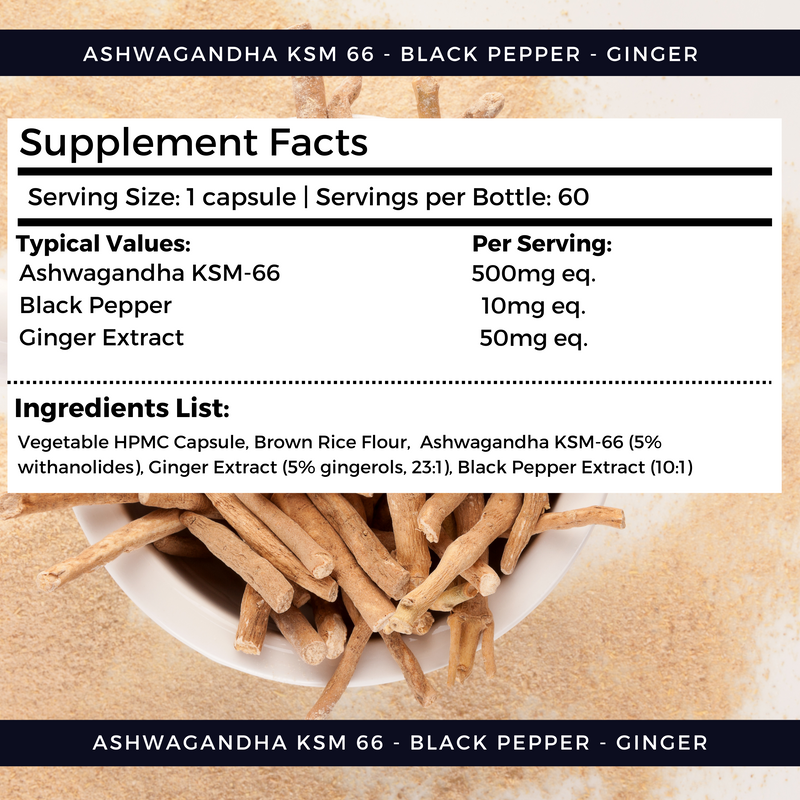 Ashwagandha KSM-66, Black Pepper & Ginger Capsules - nutripact 